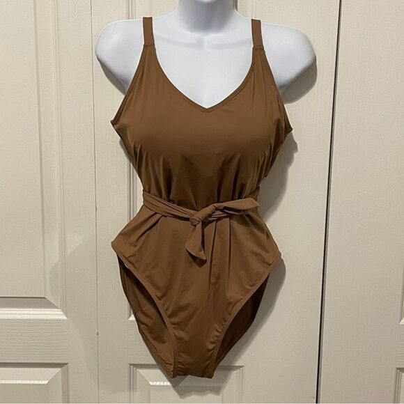 NWT Nicole Miller One Piece Deep VNeck With Sash Swim Suit Tan Size XL - Picture 2 of 11